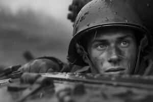 ai generado de cerca de un mundo guerra ii soldado en un protector casco, un petrolero en un tanque foto