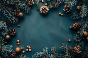 AI generated Christmas frame with copy space, blue background with various pine and fir cones scattered on the surface photo