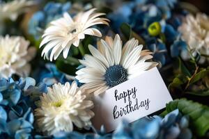 ai generado cerca arriba de flores con contento cumpleaños tarjeta foto