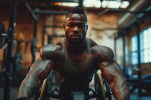 AI generated Close-up of a muscular African American disabled Paralympic athlete in a wheelchair lifting a barbell in the gym photo