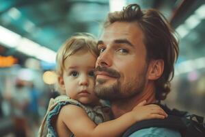AI generated A man holds a little girl in his arms on the subway photo