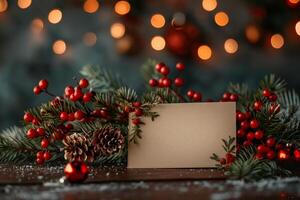 AI generated A holiday-themed greeting card sits on top of a rustic wooden table, showcasing a blank sheet ready for a festive message or design photo