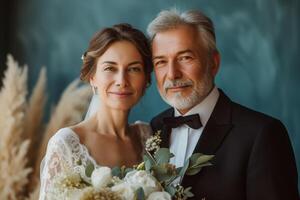 AI generated A middle-aged man in a suit and a woman in a white wedding dress stand together and pose for a photographer at a wedding ceremony. They smile and look at the camera photo