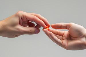 AI generated Antidepressant, pharmacology concept. A hand giving a pill to another hand, close-up photo