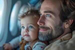 AI generated Man and baby looking out of airplane window photo