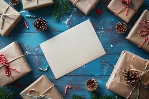 ai generado colección de Navidad regalos arreglado con un blanco sábana de papel en azul antecedentes. regalos son envuelto en vistoso papel, cintas y arcos, sábana es Listo a ser usado como fiesta saludar foto