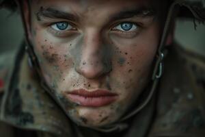 AI generated Close-up of a young WWII soldier wearing a protective helmet looking at the camera photo