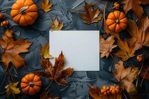 AI generated White sheet of paper sits among scattered autumn leaves and pumpkins, creating festive and seasonal scene. Blank canvas framed by vibrant fall colors, ideal for a greeting card mockup photo