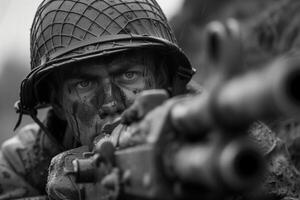 AI generated A close-up view of a soldier from the second world war holding a gun, showcasing the intensity and focus of wartime activities photo