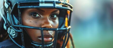 ai generado africano americano hembra atleta vistiendo fútbol americano casco, rugby. Deportes bandera con Copiar espacio foto