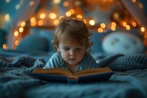 ai generado joven chico leyendo un libro en un cama foto