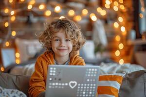 AI generated Boy sitting on sofa in living room with laptop, smiling child using technology photo