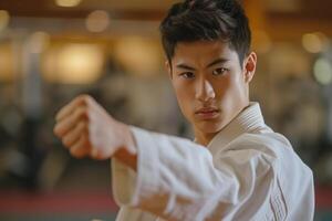 AI generated Asian man in white kimono practices karate, demonstrating his skills with series of punches. His focused facial expression and precise movements demonstrate discipline and technique of m photo