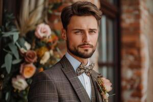 AI generated A man dressed in a formal suit and bow tie, standing confidently as a groom at a wedding, showcasing timeless style and elegance photo