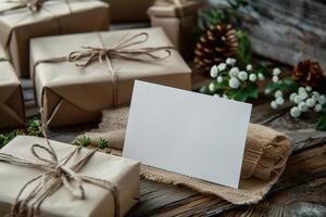 AI generated Blank card mockup and wrapped gifts of different shapes and sizes are neatly laid out on a wooden table photo