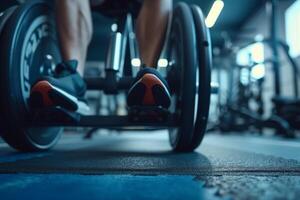 AI generated Man on a wheelchair in the gym, close-up of legs photo