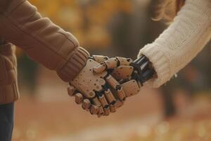 AI generated Couple of disabled people. Two robotic handshake, close-up people with high-tech prosthesis greeting photo
