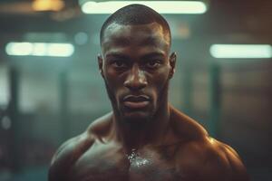 AI generated Shirtless man in gym performing mixed martial arts training photo
