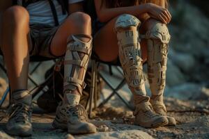 AI generated Close-up of legs with prosthetics, a couple of disabled people in love resting in nature photo