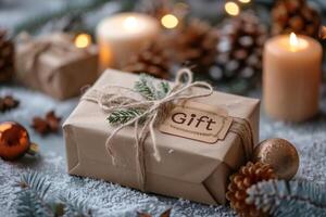 AI generated Brown paper wrapped christmas gift with ribbon photo