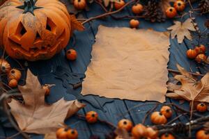 ai generado un mesa cubierto en un variedad de calabazas y vistoso hojas, creando un festivo y otoñal monitor foto