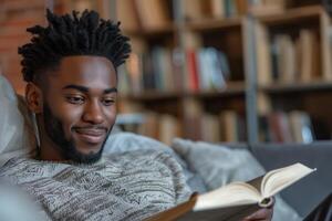 ai generado un africano americano hombre es sentado en el sofá, absorto en el libro él es lectura. el hombre mira relajado y enfocado como él vueltas el paginas foto