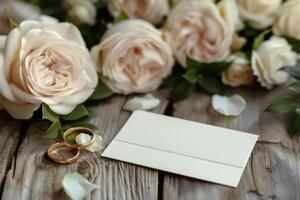 ai generado dos Boda anillos y un saludo tarjeta Bosquejo en un de madera mesa, Boda foto