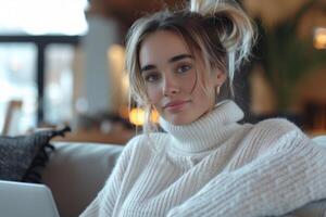 AI generated Pretty blonde woman sitting on a sofa in the living room with a laptop on her lap and looking at camera photo