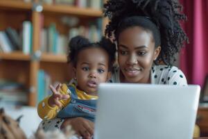 AI generated Woman and child looking at laptop photo