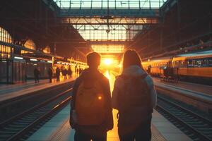 ai generado espalda ver de un hombre y mujer Pareja en pie en el estación plataforma. ellos son esperando para el tren a llegar, participación su equipaje en su manos foto