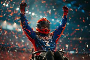 AI generated A man in a motorcycle outfit is on a wheelchair during a celebration and throws confetti into the air. A joyful moment conveys the feeling of victory in a dynamic environment photo
