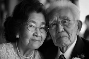 ai generado monocromo retrato de un mayor asiático Pareja posando para un retrato a un renovación ceremonia foto