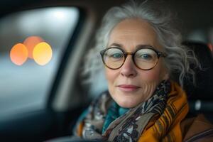 ai generado mujer con lentes sentado en un coche foto