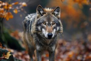 ai generado un lobo soportes con confianza en el medio de un denso bosque, rodeado por imponente arboles y un alfombra de caído hojas foto