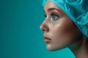 AI generated Side view of a woman in a surgical cap from copy space photo