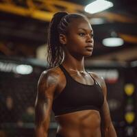 AI generated Woman in black sports bra top standing in gym photo