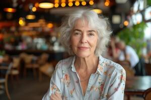 AI generated Portrait of an elderly woman sitting at a table in a restaurant, lifestyle photo