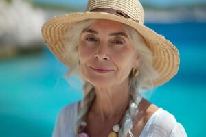 AI generated Portrait of an elderly woman in a white shirt and a straw hat under the sun on the sea, pension vacation photo