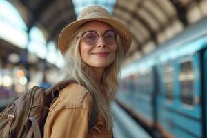 AI generated Travel trip, senior woman in a hat and glasses stands in front of a train at the station photo