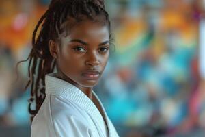 ai generado el deporte de judo o kárate. africano americano mujer combatiente con trenzas en un blanco kimono practicando marcial letras taekwondo foto