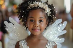 ai generado retrato de un africano americano pequeño niña vistiendo blanco ángel alas en un Iglesia a un Boda foto