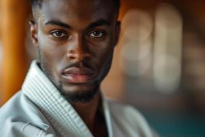 ai generado el deporte de judo o kárate. retrato de un afroamericano masculino combatiente en un blanco kimono, practicando el marcial letras de taekwondo foto