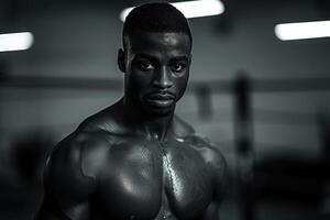 ai generado sin camisa hombre mezclado marcial letras combatiente huelgas un actitud en el gimnasia, después capacitación. monocromo retrato de un africano americano combatiente foto