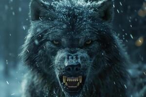 AI generated A wolf stands in a snowy landscape with its mouth open, emitting a powerful roar photo