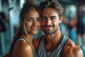 AI generated Sports, portrait of a beautiful muscular couple of athletes in the gym photo