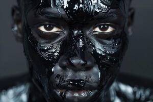 AI generated African American man with black paint covering his entire face, showing racial discrimination and identity. The social problem of slavery photo