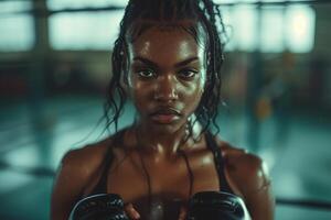 AI generated Woman wearing boxing gloves training in gym photo