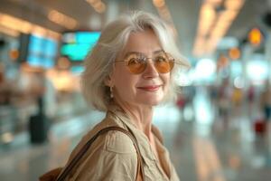 ai generado un alegre elegante mayor mujer con gris pelo vistiendo Gafas de sol y un marrón chaqueta soportes en el aeropuerto terminal foto