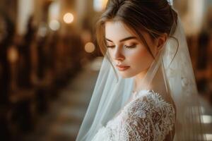 AI generated A Caucasian woman, a bride, stands in a wedding dress with a veil on her head, probably preparing for the ceremony in a church photo