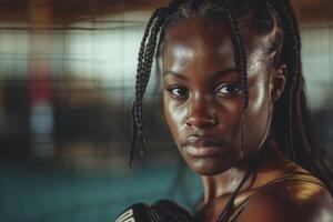 ai generado un hembra combatiente con rastas es en pie en el gimnasia, un afroamericano mujer es formación mma foto